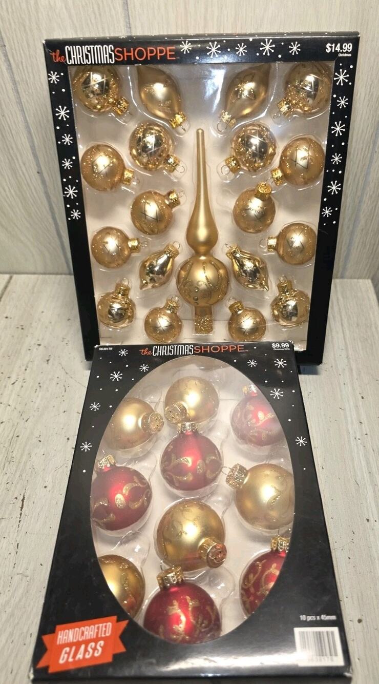 The Christmas Shoppe 2 Box Glass Bulb Ornaments Red & Gold 29 Pc Old World Decor